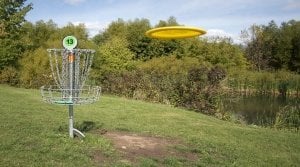 A frisbee golf target with discs